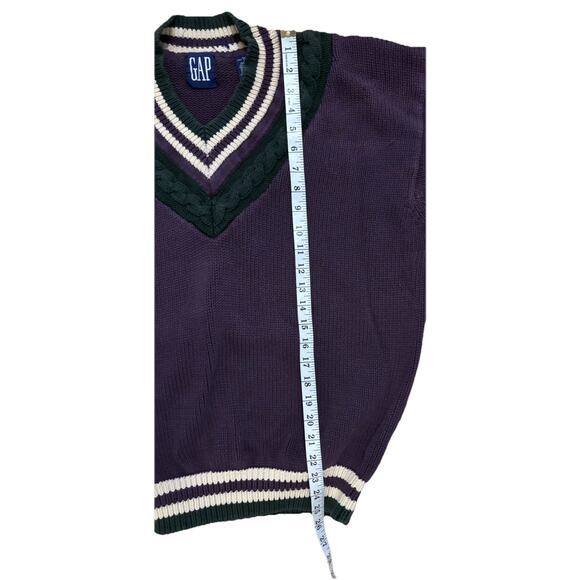 Vtg GAP V Neck Cable Knit Sweater Pullover Tennis Style Purple-Green-White XL - Picture 3 of 7